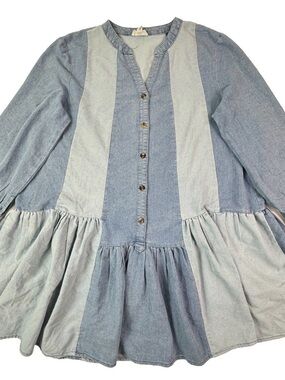 entro Two-Tone Light and Medium Blue Denim Long Sleeve Dress